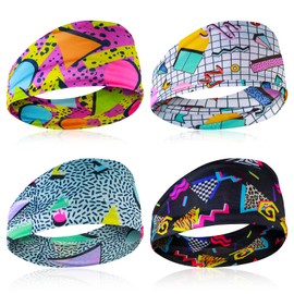 4Pcs 80s 90s Vintage Headbands Retro Soft Sport Sweatbands Boho Neon Headband Universal Workout Wweatband for Men and Women for Hiking Cycling Party Travel Party Running Fitness