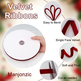 Velvet Ribbon 3/8 Inch (10mm) x 30 Yards Manjonzic Single Side Flocked Christmas Ribbon Roll for Gift Wrapping, Bouquets, Tree Bows, Holiday & Party Decoration Burgundy