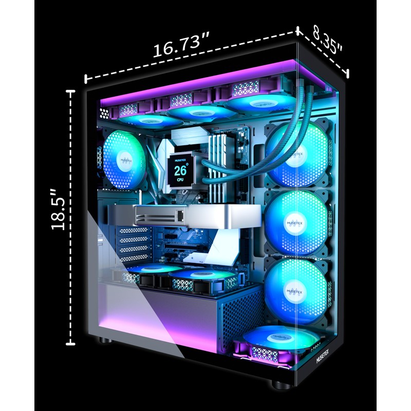 MUSETEX ATX PC Case 7 PWM ARGB Fans Pre-Installed, Type-C
