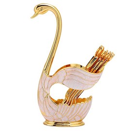 Juego de 6 Cucharas de Postre y Café utensilios de metal con soporte base de cisne organizador para helado fruta y postres