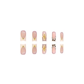Medium Press on Nails Square Fake Nails Brown False Nails Cute Artificial Nails with 3D Floral and Gold Charm Designs Acrylic Nails Press ons LeopardStick on Nails for Women 24pcs