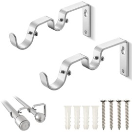 Double Curtain Rod Brackets - 2 Pack, Heavy Duty Double Curtain Rod Holder Wall Mounted, Double Curtain Hooks for 1" and 5/8" Drapery Pole, Metal Double Curtain Rod Bracket with Hardware (Silver)