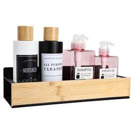 Wall Mount Organizer,Adhesive Metal Shelf with Bamboo Lip,Bathroom Shelves for Wall,Self Adhesive Organizer,Shower Caddies,No Drilling Stick-on Wall Rack,for Bathroom,Kitchen,Living Room (Black)