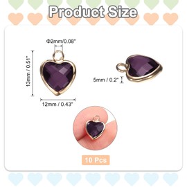 sourcing map 10 Pcs Crystal Gold Plated Heart Charm, Metal Charm Pendant for Jewelry Making DIY Bracelet Necklace Earring Phone Accessories Keychain Crafting, Purple, 13x11mm