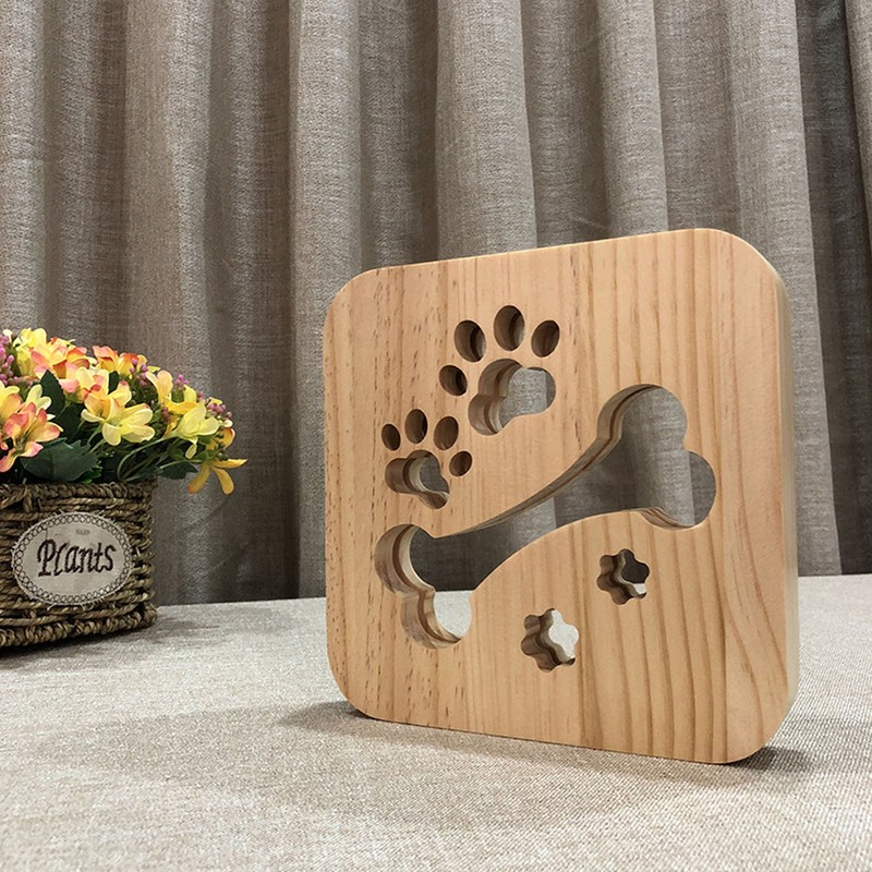 3D Night Lamp Bone Paw Print Pattern Hollow Design Wooden