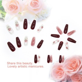 CAEEA Burgundy press-on square mid-length ballet shoes artificial acrylic false nails pink rose flower full coverage reusable coffin false nail glue nail stickers Valentine's Day birthday party03