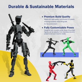 Outgoto Pre-Assembly 3D Printed 5.54'' Dummy13 Action Figure, Multi-Jointed Tian13, Articulated T13 Desktop Decoration,12 in 1 Accessories, Best Birthday Festival Gift (Black+Black)
