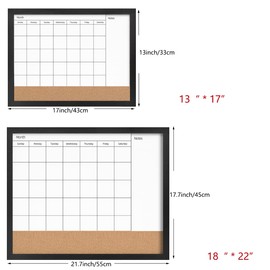Umtiti Monthly Calendar Dry Erase White Board & Cork Bulletin Board，13" x 17" Black Wood Frame，Magnetic Surface Whiteboard.Perfect for Organizing Your Space.Whiteboard+Cork-3343B-BK