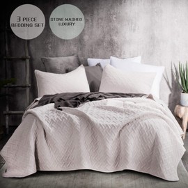 Kasentex Quilted Coverlet 3-pc Mini Bedding Set-All Season Lightweight Ultra Soft Stone Washed Blanket-Heat-Pressed 2-Tone Reversible Color, King + 2 King Shams, Sheer Pink/Grey Mist