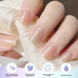 OAUEE Semi Cured Gel Nail Strips | 20 Gel Nail Stickers | Gel Nail Stickers With UV Light Required | Salon Quality, Easy Application And Removal（Transparent Powder）