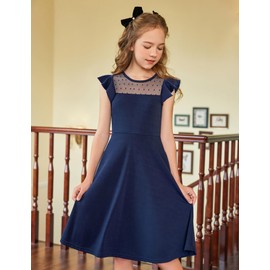 Arshiner Girls Dress Summer Ruffle Sleeve Mesh A Line Casual Party Dresses with Pockets 12-13 Years Navy Blue