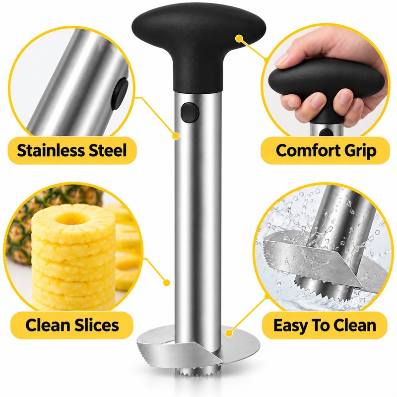 Stainless Steel Pineapple Corer & Slicer – Manual Pineapple Cutter