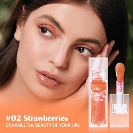 Prreal Fruit Color Changing Lip Oil, Moisturizing Shimmer Lip Oil with Big Brush Head, Hydrating Temperature Color Change Lip Gloss Lip Grow, Plumping Lip Oil Tinted for Lip Care,02 Strawberries