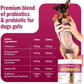 Vetwell Probiotics for Dogs - 120 Chews, Digestive Care with Dog Probiotics Enterococcus Faecium, Colostrum from Bovine, Prebiotic Chicory Inulin, Liver Flavour Dog Probiotic Supplements
