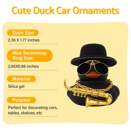 wonuu Car Dashboard Ducks, Saxophone Decor Rubber Duck Car Ornaments with Mini Top Hat Necklace Sunglasses (Black)