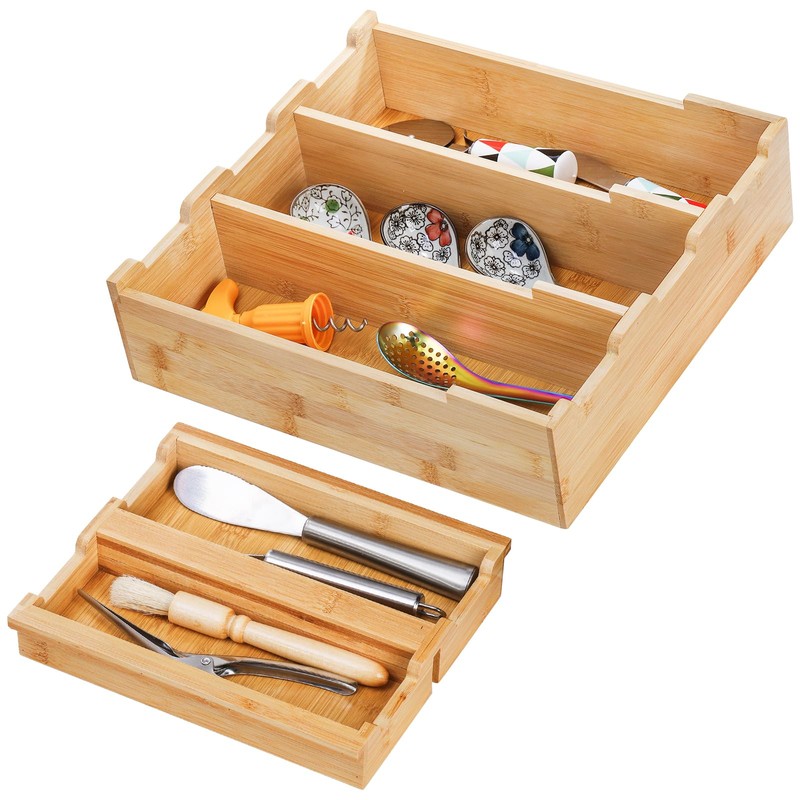 Okllen Bamboo Kitchen Drawer Organizer, Stackable 2-Tier Utensil Drawer Organizer