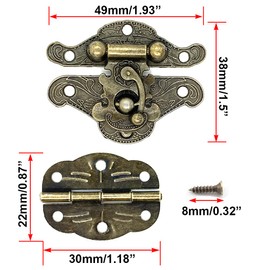 6pcs Retro Design Decorative Cabinet Jewelry Box Antique Buckle Drawer Wooden Case Box Latches Hasp Latch Buckle and 12pcs Vintage Bronze Engraved Designs Hinge and 108 Screws (Lotus Hinge)
