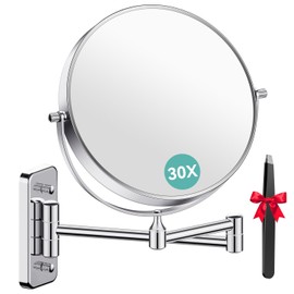 Auxmir 1X/30X Wall Mounted Makeup Mirror, 30X Magnifying Double-Sided Mirror with Tweezers, Bathroom Vanity Makeup Mirror, Cosmetic Mirror with 360 Rotation Extendable Swivel Arm, Chrome