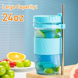 wookgreat 4 Pack Bubble Tea Cup, 24oz Iced Coffee Cups, Mason Jar with & Straws & 4 Airtight Lids, Reusable Wide Mouth Smoothie Boba Cup, Clean Brush, Glass Cups, Travel Drinking Bottle