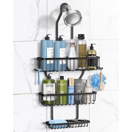 MSAICOE Shower Caddy Hanging - Never Rust Shower Hanging Organizer - Aluminum Over the Shower Head Caddy with 6 Hooks for Razor/Sponge - Shower Rack with Soap Basket (Black)