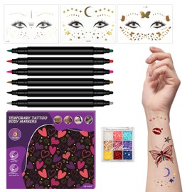EBANKU 6PCS Temporary Tattoo Pens, Body Tattoo Markers for Skin Dual Tip Tattoo Pen for Thick and Thin Lines With 3 Face Temporary Tattoo Stickers and 1 Face Glitter for Girls
