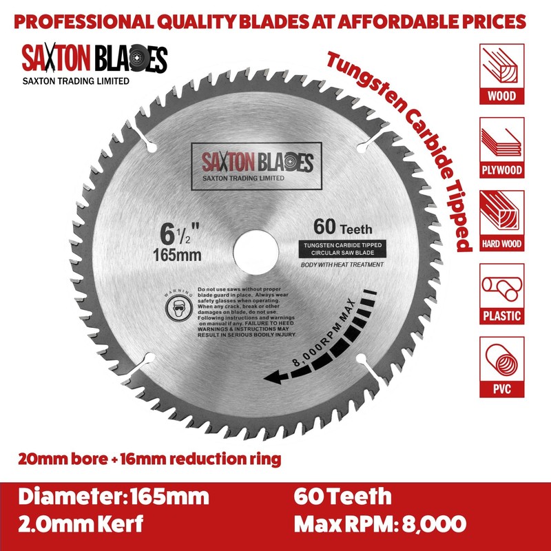 Saxton TCT Circular Wood Saw Blade 165mm x 20mm (16mm