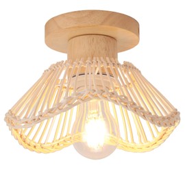 LIGKIN Hand-Woven Bamboo Rattan Chandelier Ceiling Light Shade E27 Vintage Wood Ceiling Light for Bedroom Stairs Hallway