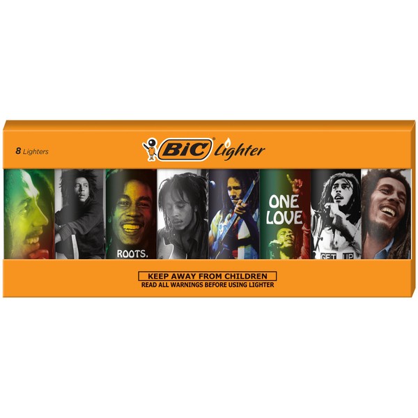 BIC Pocket Lighter, Special Edition Bob Marley Collection, Assorted Unique Lighter Designs, 8 Count Pack of Lighters