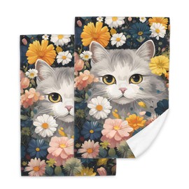 Mogifedc Cat Flowers Hand Towels, Cat Hiding in Flowers Hand Towels for Bathroom 2 Pack Soft Absorbent Decorative Dish Towel for Kitchen Farmhouse Gym Hotel Yoga Gifts 16"x24"