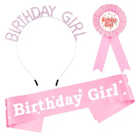 REDANHA 3 Pieces Birthday Girl Rhinestone Crown Pink Birthday Sash Birthday Badge and Birthday Tiara Happy Birthday Party Accessories Decorations for Girls Women
