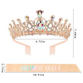KIUEZIR Crystal Tiara and Birthday Queen Sash Set in Rose Gold - Elegant & Durable Alloy Crown Headband with Comb & Glitter Sash, Ideal Birthday Party Hair Accessories for Women Celebrations
