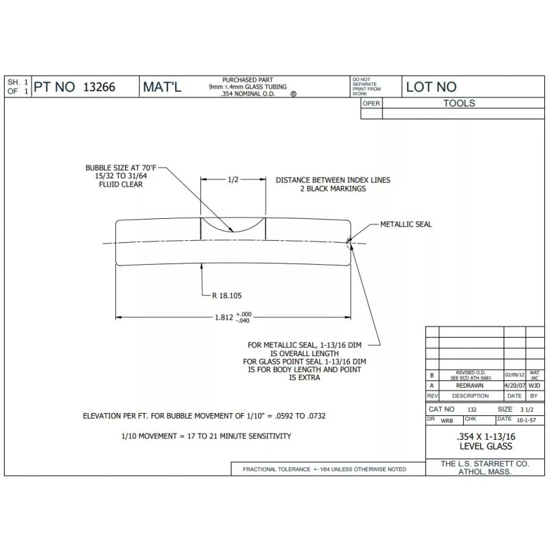 Starrett PT13266 Level Vial ONLY for 130 Bench Level