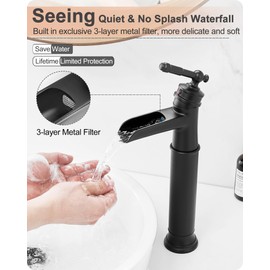 HOIGY Tall Bathroom Faucet Waterfall, Brass Bathroom Faucets Black Vessel Sink Faucet, Single Handle Bathroom Sink Faucet 1 Hole with Pop-Up Drain & Supply Water Hoses for Hotels Classic No Noise