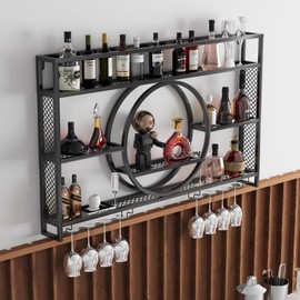 Wine Rack Wall Mounted 3 Tier Metal, Floating Shelves For Kitchen With LED Light, Hanging Floating Bar Liquor Bottles Bar Wall Shelves, Liquor Bar Display Shelf, For Home Bars Kitchen(Black,100x80x15c