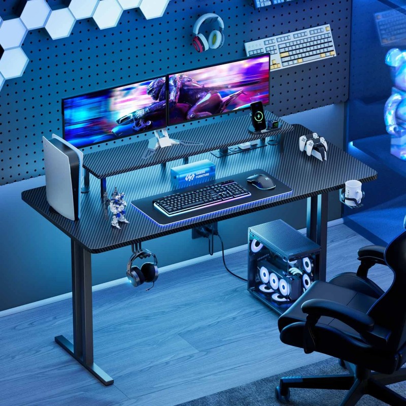HLDIRECT Gaming Desk with LED Light & Monitor Stand, Computer