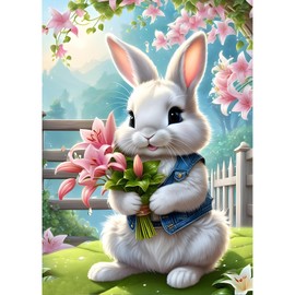 DPHERO DIY White Rabbit Diamond Painting Pictures for Adults Beginners, 5D Easter Diamond Painting Set, DIY Flowers Round Stones Diamond Art Kits, Diamond Painting for Home Decor 30 x 40 cm