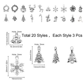 SUNNYCLUE 1 Box 60Pcs 20 Styles Alloy Christmas Charms Bulk Tibetan Style Snowflake Pendants Holiday Theme Reindeer Jingle Bells Charms for Crafts Making Spplies, Antique Silver
