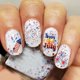 4th of July Press on Nails Medium Square Fake Nails with Stars Designs Glossy Nails Press ons White Acrylic Nails Red Blue Spot Glue on Nails Independence Day Stick on Nails for Women 24Pcs