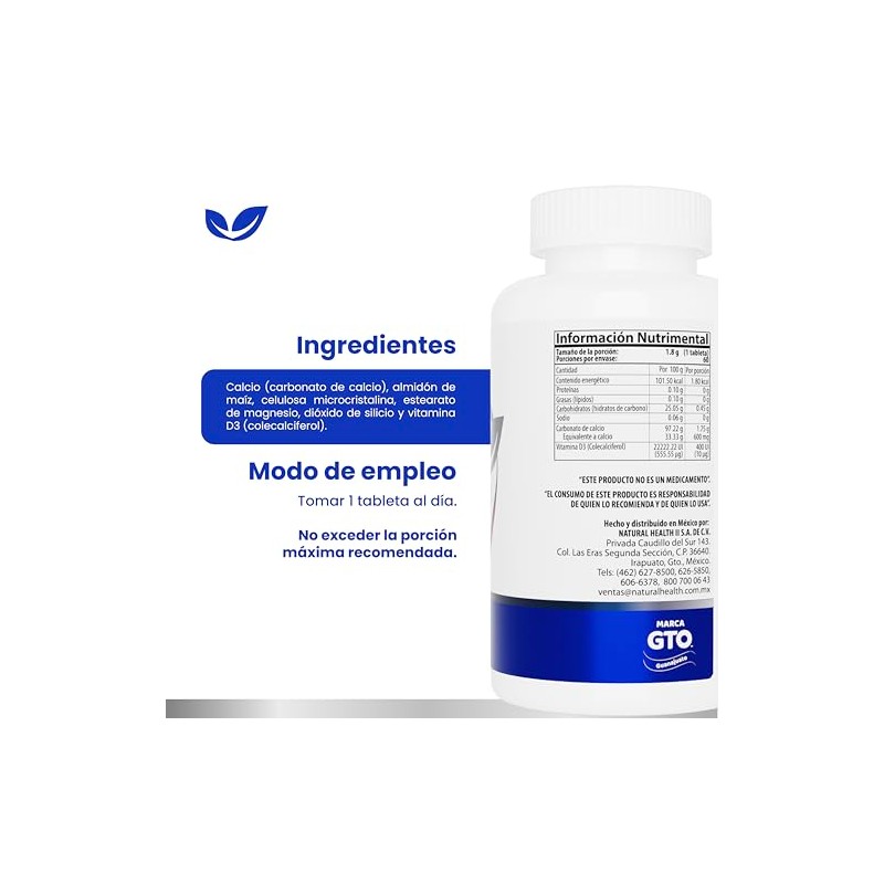 Natural Health CALNAT D3 | Suplemento Alimenticio con Calcio 600