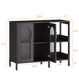 GAOMON Modern Sideboard, Buffet Sideboard with Glass Doors and Adjustable Shelves, Wooden Storage Cabinet with Metal Handles for Living Room, Kitchen, Dining Room, Black