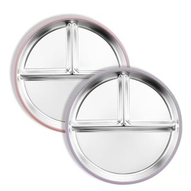 Bakpoco Stainless Steel Suction Plates for Toddlers, 9" Divided Kids Baby Plates with Removable Silicone Suction, Non Toxic Non Slip Portion Control Snack Dishes 3 Packs, Pink Beige Lilac