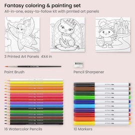 Arteza Kids Fantasy Coloring Kit, 3 Canvases 4 x 4 Inches, 10 Markers, 16 Watercolor Pencils, 1 Paint Brush, 1 Sharpener, Art Set for Kids Activities