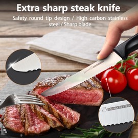 Jawanfu Steak Knife Set of 6, Serrated Steak Knives, Premium Stainless Steel Multi Functional Knife, Dishwasher Safe, Black