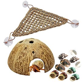 PINVNBY Hermit Crab Natural Coconut Shells Hut Hermit Crab AssortedÂ Turbo Growth Shells Reptile Hideout with Hammock for Fish Tank Decoration Reptile Habitat (12Pcs) Â Â 