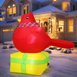 GOOSH 5 FT Christmas Inflatables Cardinal with Gift Box Outdoor Decorations Blow Up Yard Red Bird with Built-in LEDs for Holiday Party Indoor Garden Lawn Decor