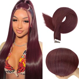 99J Straight Tape In Hair Extensions Human Hair Invisible Burgundy Human Hair Extensions 12 Inch HuxoWax Double Weft Hair Weave