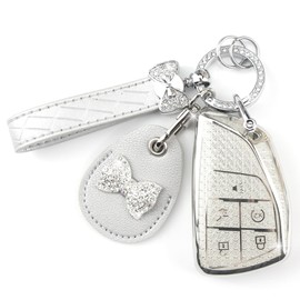 Rayslesan Key Fob Cover with Leather Holder Compatible with Airtag/RFID,Compatible with Chevy Silverado GMC Sierra GMC Sierra 2500HD 3500HD,RFID Protector,Car Key Accessories(5-Button, Silver)