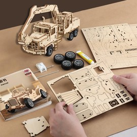 Jixin Xyzhi 3D Wooden Model Building Set, Mechanical Excavator Truck with Gear Drive, 30 x 10 x 19 cm, DIY Wooden Puzzle with Rubber Tyres, 177 Pieces, Gifts for Boys and Girls 6+ Years Old