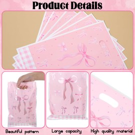 MBAIYO 100 Pcs Pink Bow Gift Bag Plastic, Bowknot Gift Bag Supplies Favors Goodie Bags with Handle 9.8x6.5inch Candy Bags for Birthday Bridal Shower Bachelorette Engage Wedding Sweet Party Supplies