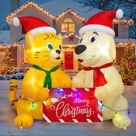 OurWarm 5FT Funny Christmas Inflatables Dog Cat Holding Banner, Christmas Blow up Yard Decorations with LED Lights, Xmas Inflatable Christmas Decorations Outdoor for Lawn Garden Party Holiday Decor